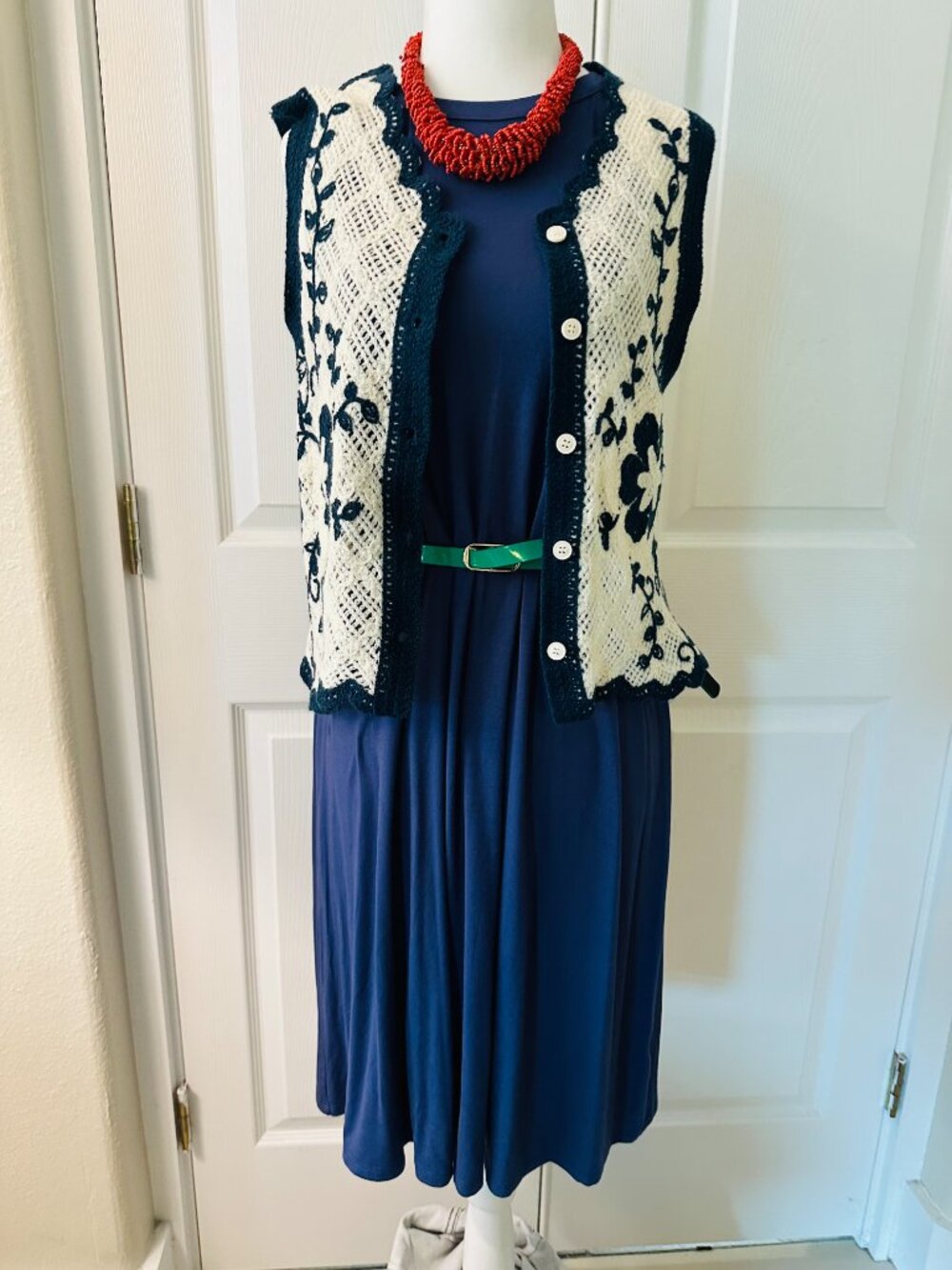 Navy Blue Halter Neck Midi Dress Jersey Knit - Small